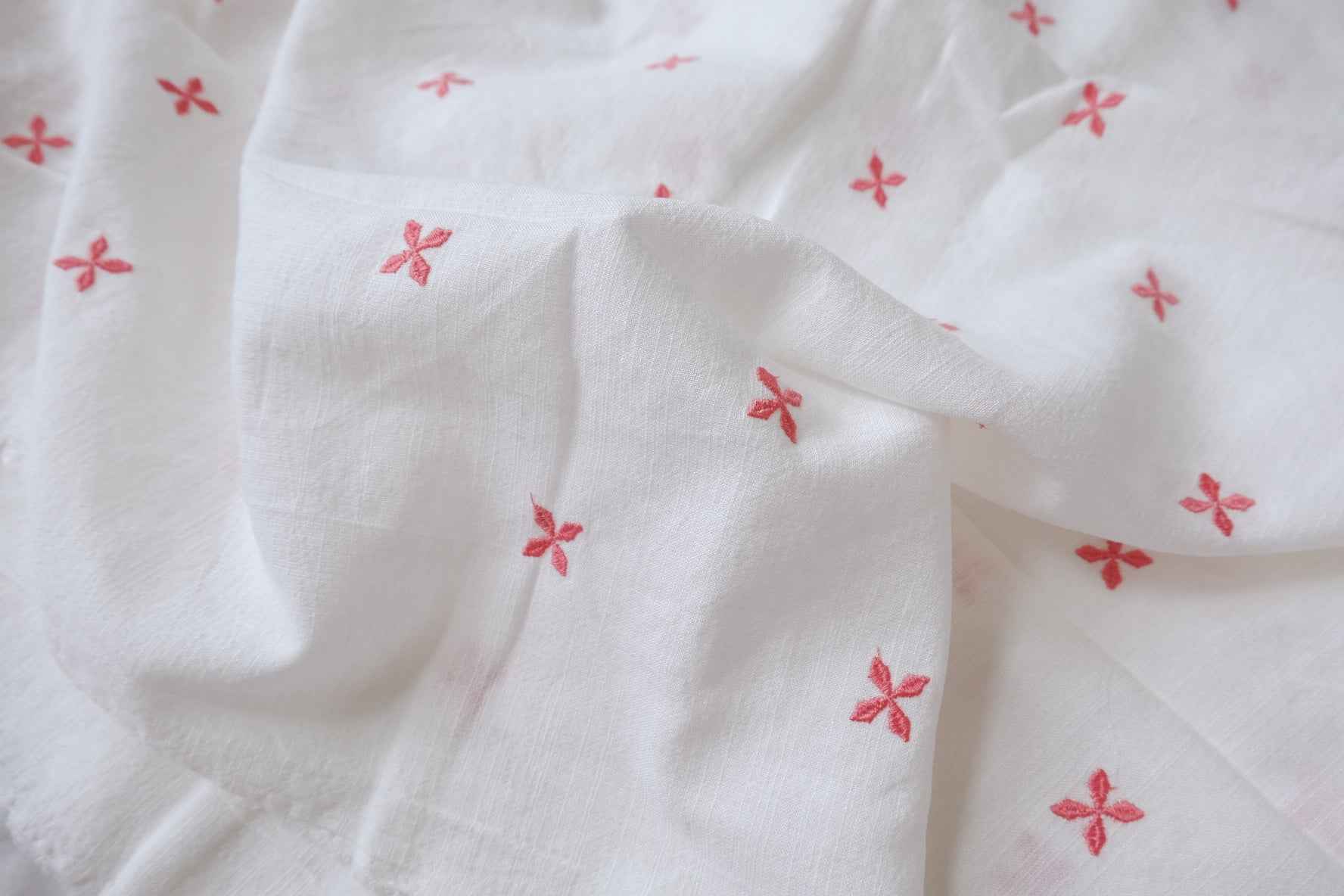 Soft White Slub Cotton Linen Embroidered Fabric, Pink Floral Sprigs, 2.19 Yards