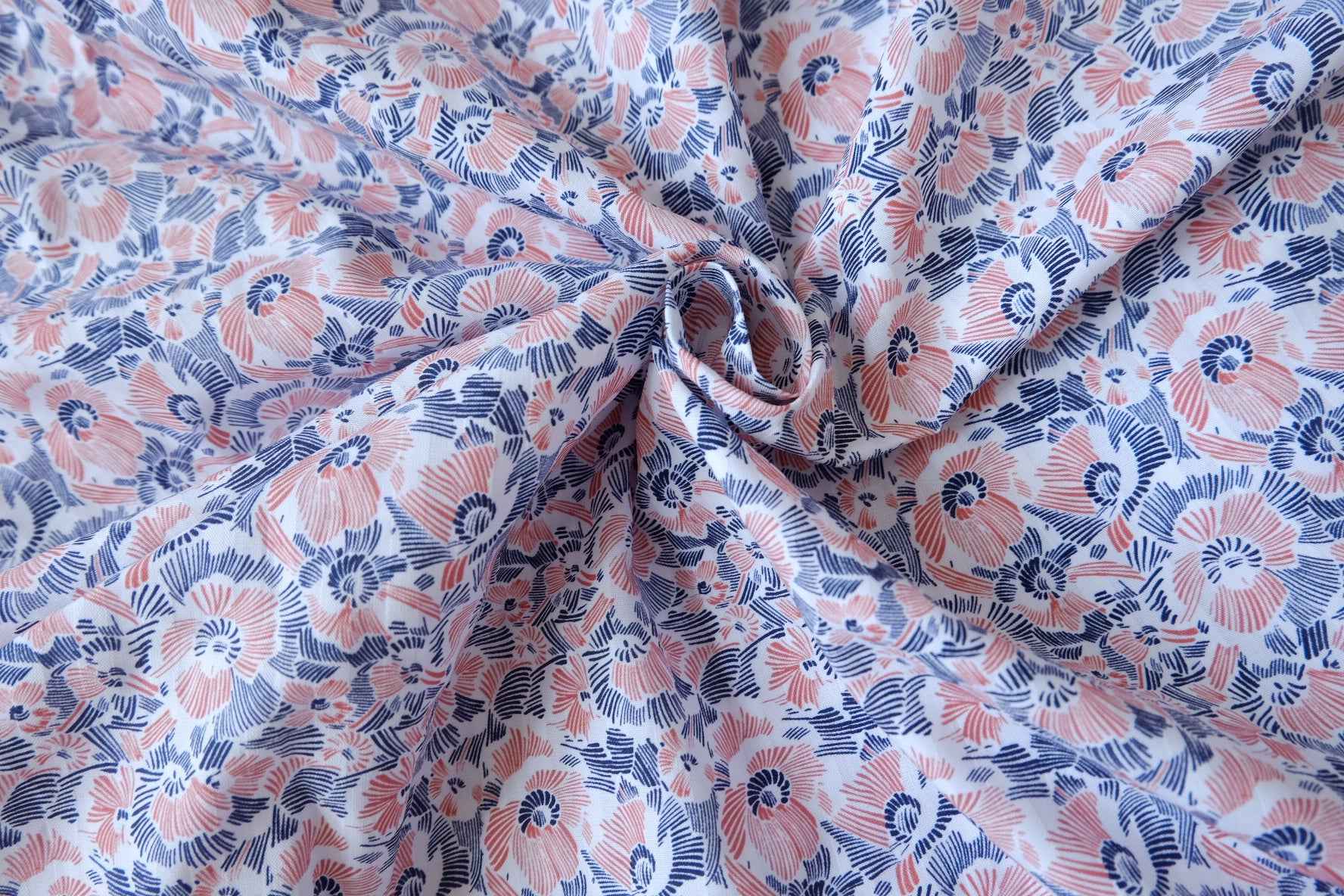 Cotton Poplin Floral Fabric, Pink and Blue Abstract Bloom Print, 2.19 Yards