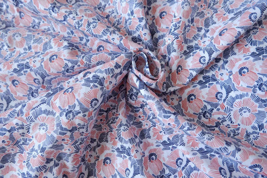 Cotton Poplin Floral Fabric, Pink and Blue Abstract Bloom Print, 2.19 Yards