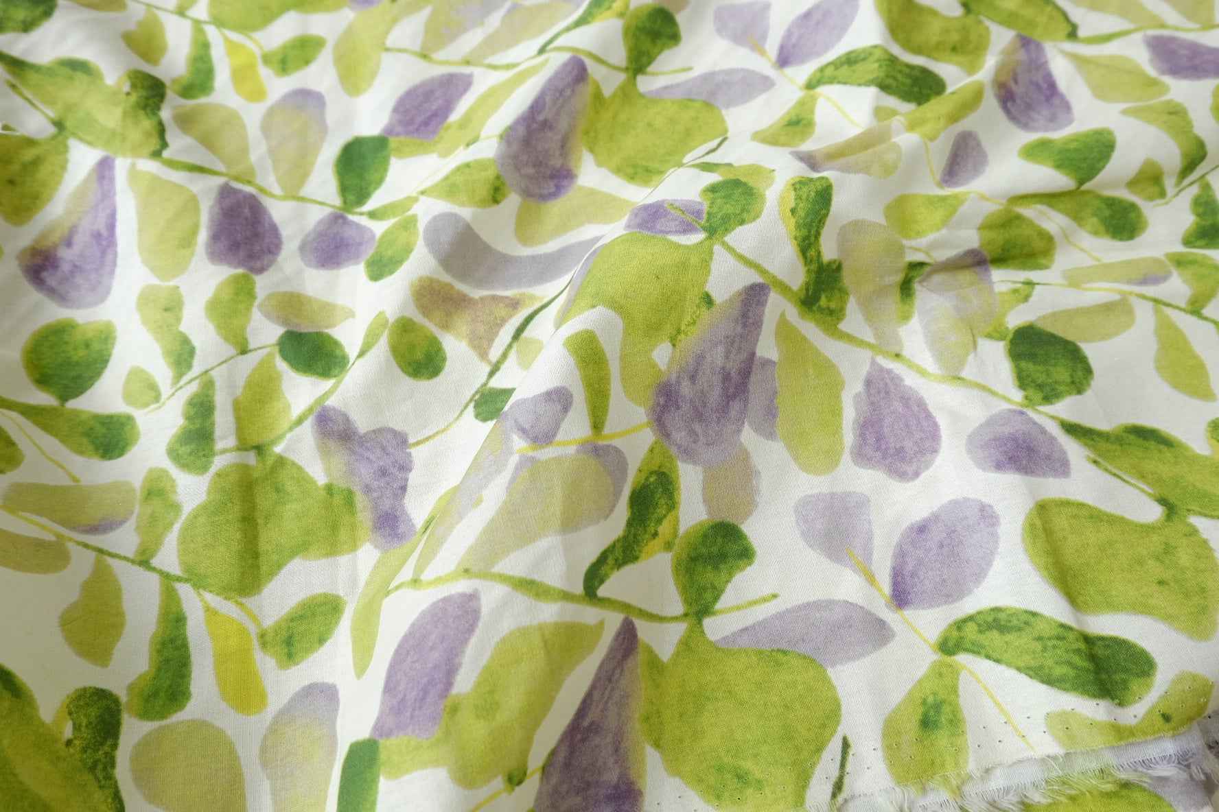 Lightweight Cotton Poplin Fabric, Watercolor Green and Lilac Botanical Print, 1.64 Yards
