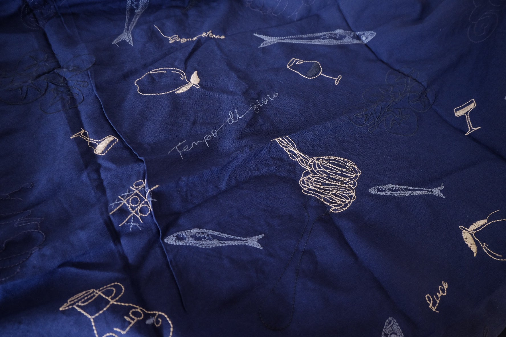 Midnight Navy Seaside Still Life Embroidered Pure Linen Fabric – 1.64 yd Piece