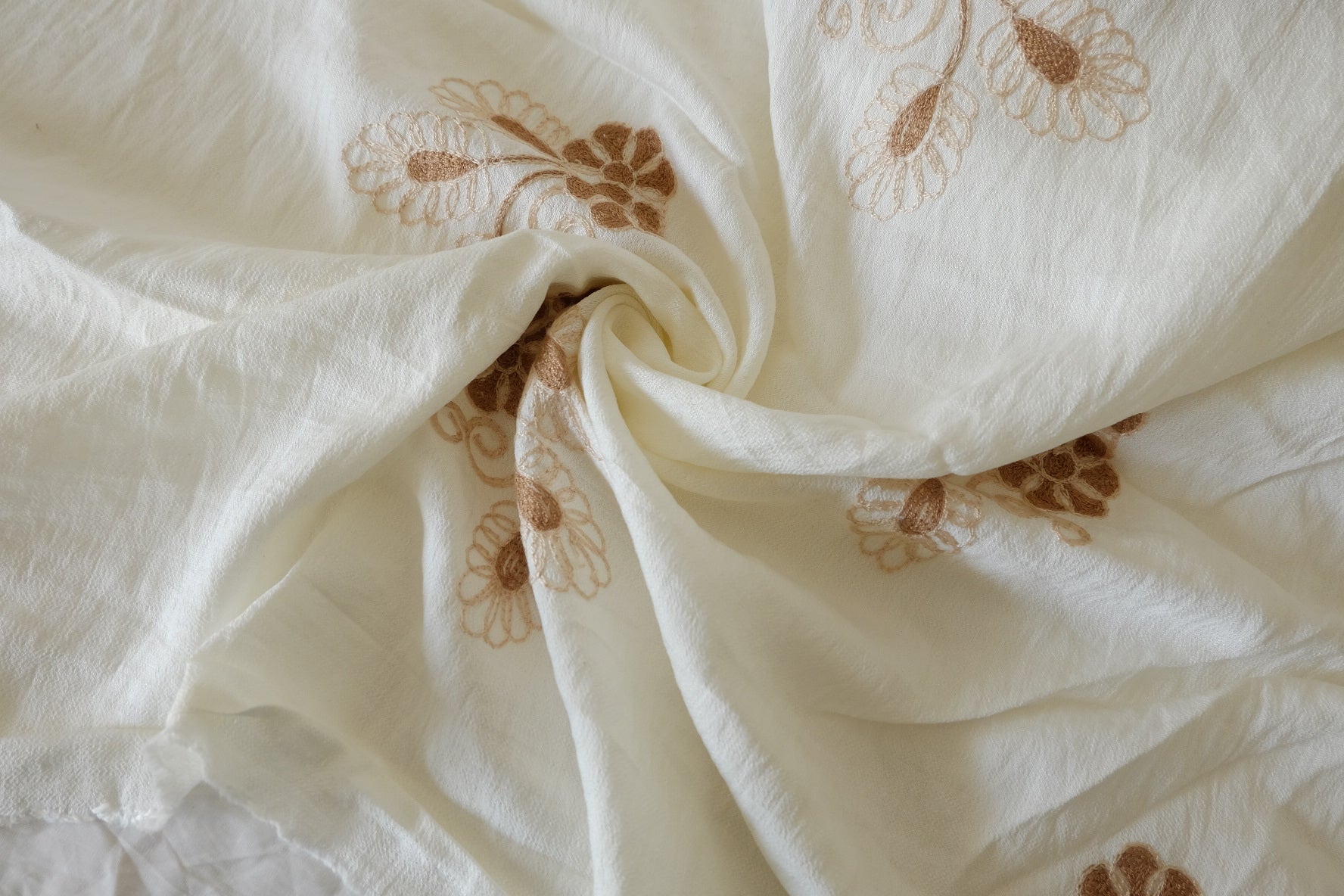 Ivory Floral Embroidered Tencel Nylon Fabric, 3.28 Yards