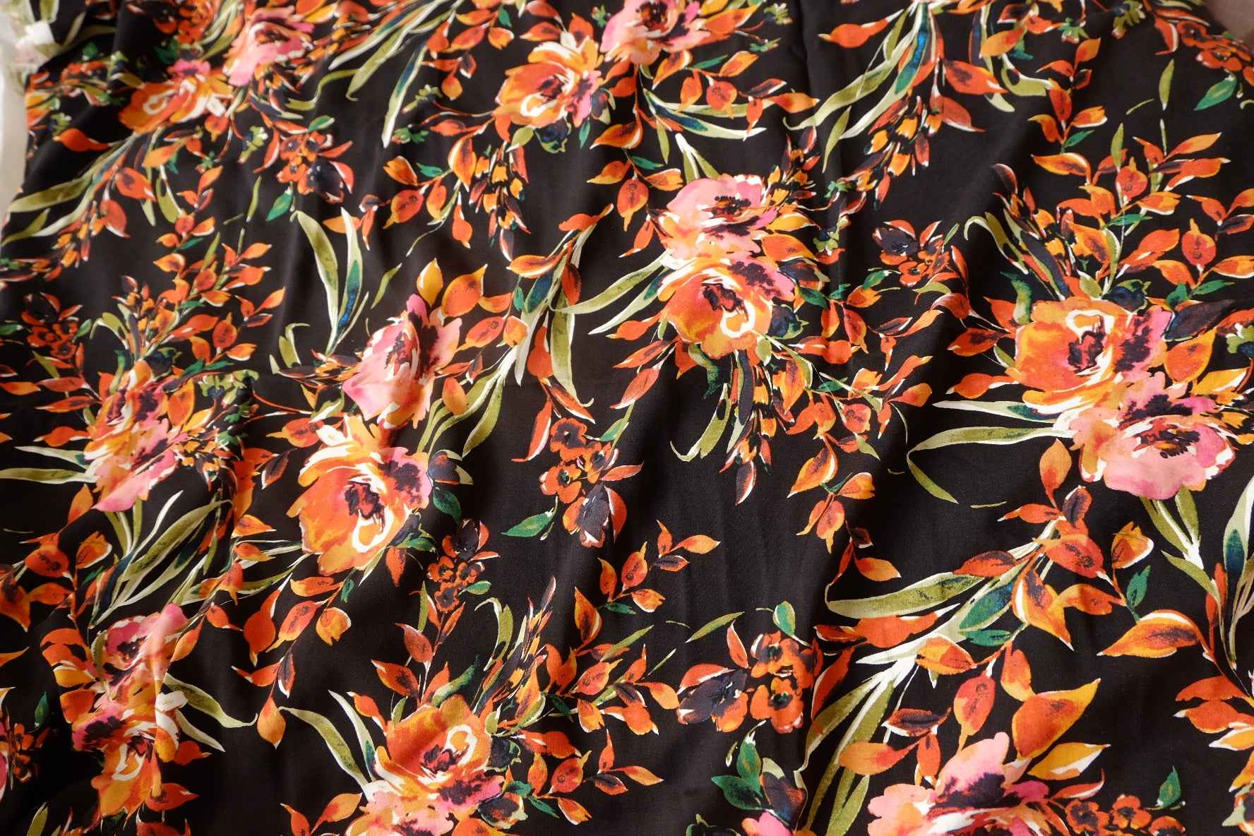 Black Tropical Floral Rayon Challis Fabric - 3.28 yd