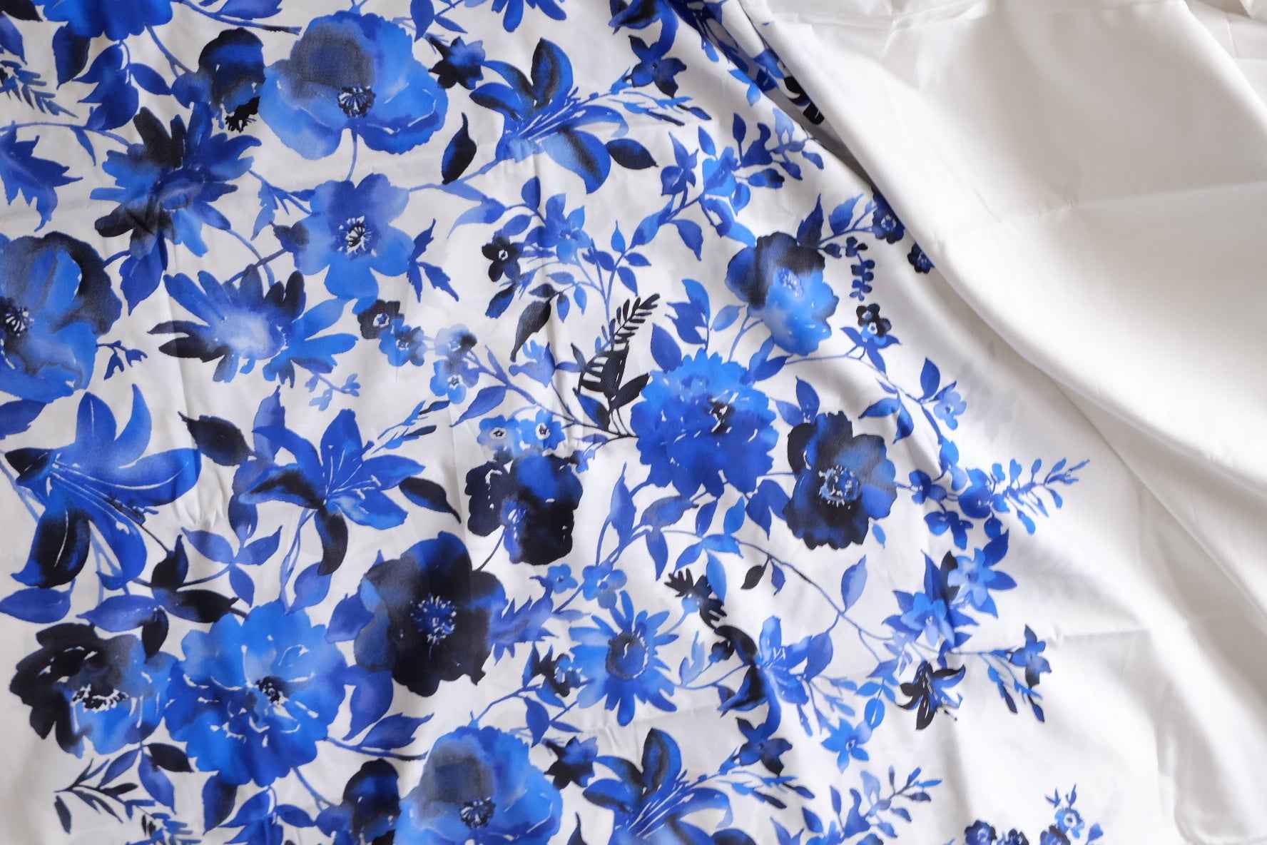 Ink Blue Floral Cotton Poplin Fabric, Border Placement Print, 2.19 Yards