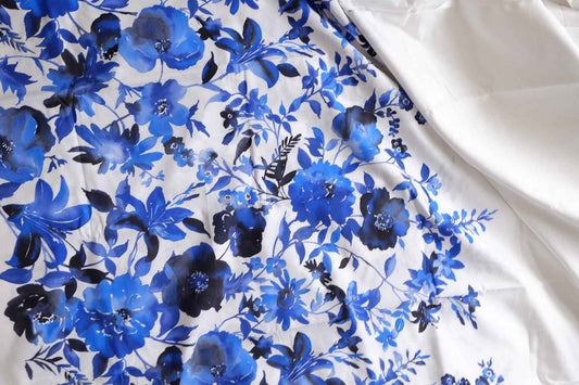 Ink Blue Floral Cotton Poplin Fabric, Border Placement Print, 2.19 Yards
