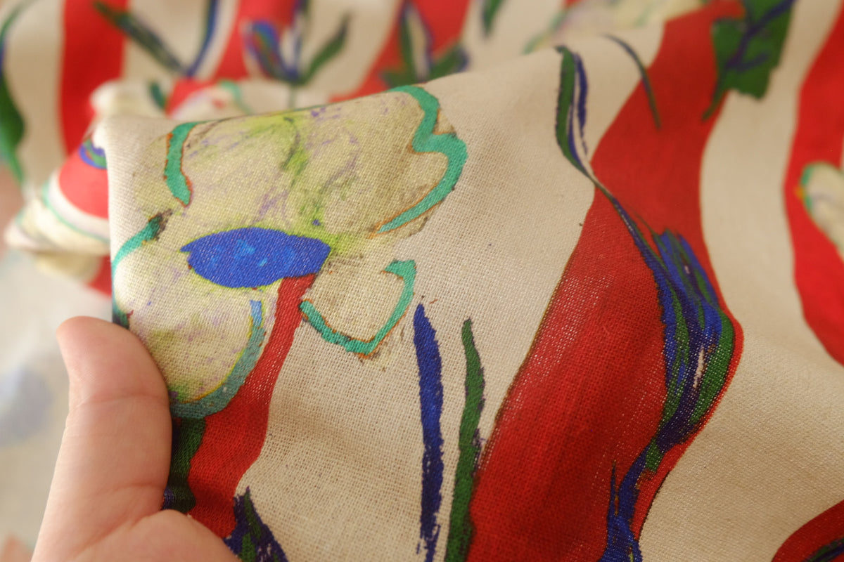 Red Stripe Painterly Floral Linen Cotton – 2.2 yd / 1.6 yd