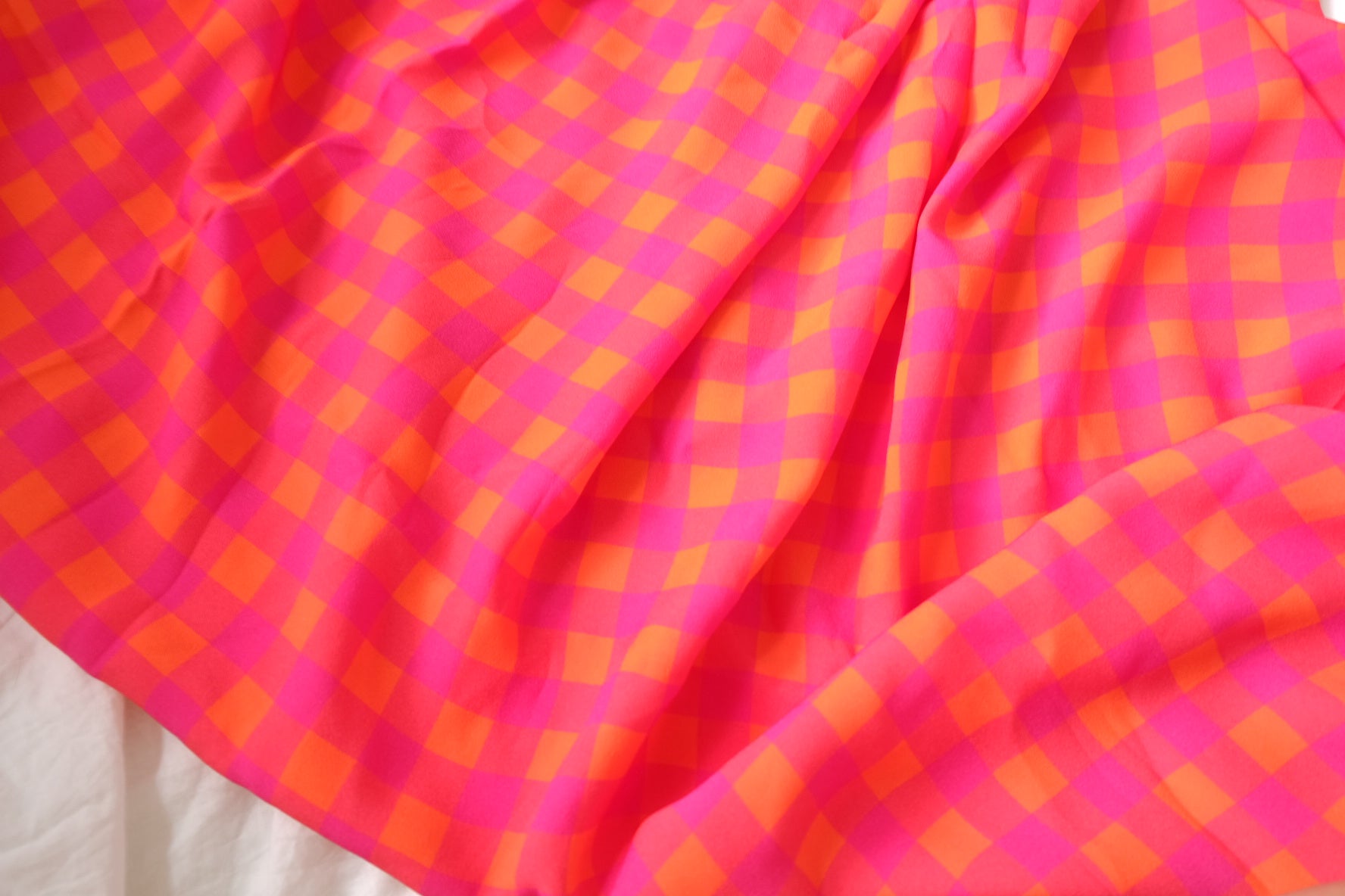 Bold Pink & Orange Checked Cupro Fabric, 3.28 Yards