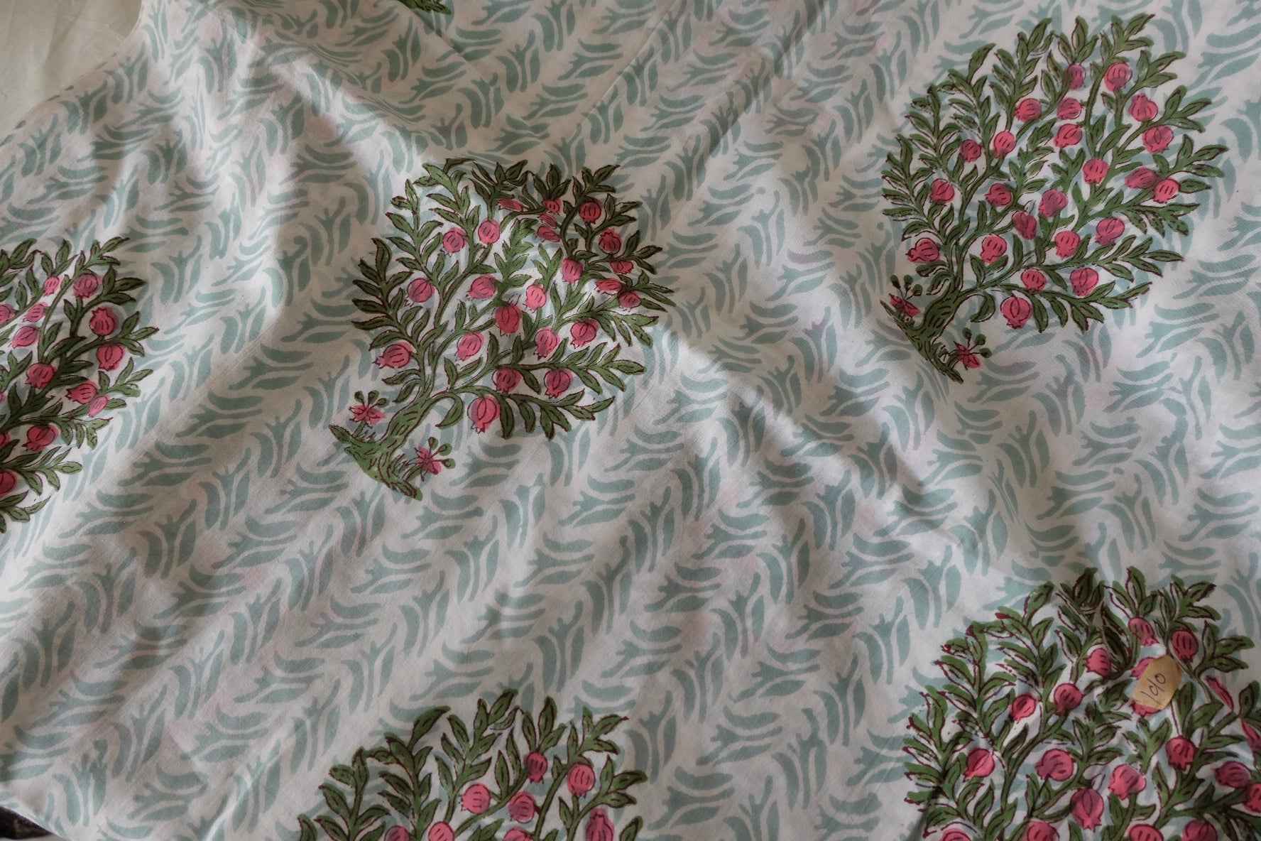 Indian Hand Block Printed Cotton Fabric – Mint Botanical Garden Pattern – Sold by the Meter