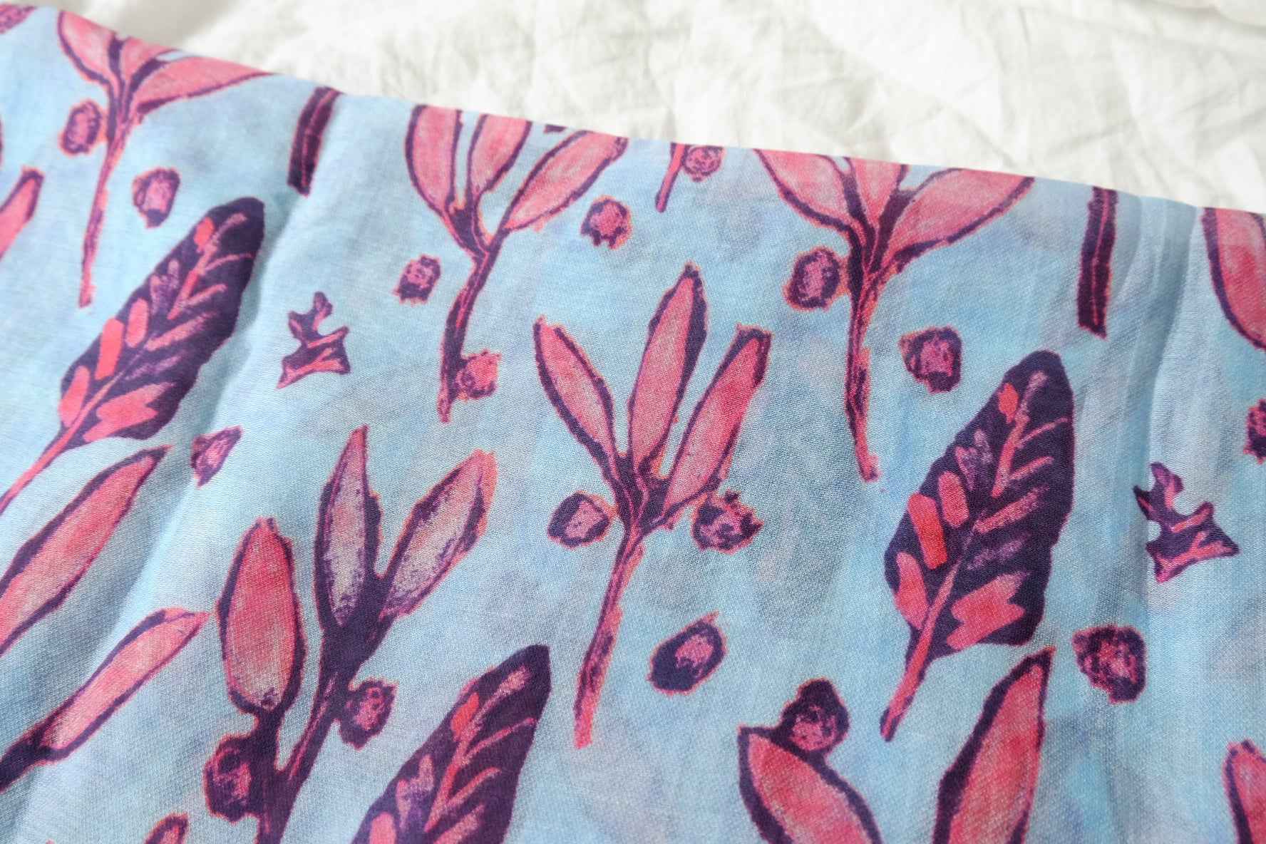 Blue Pink Leaf Tencel-Cotton Fabric - 1.97 yd
