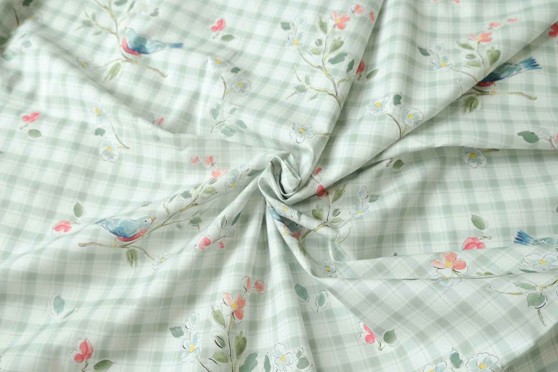 Sage Plaid Bird Floral Cotton Poplin Fabric, Lightweight Smooth Cotton, 3.28 Yards