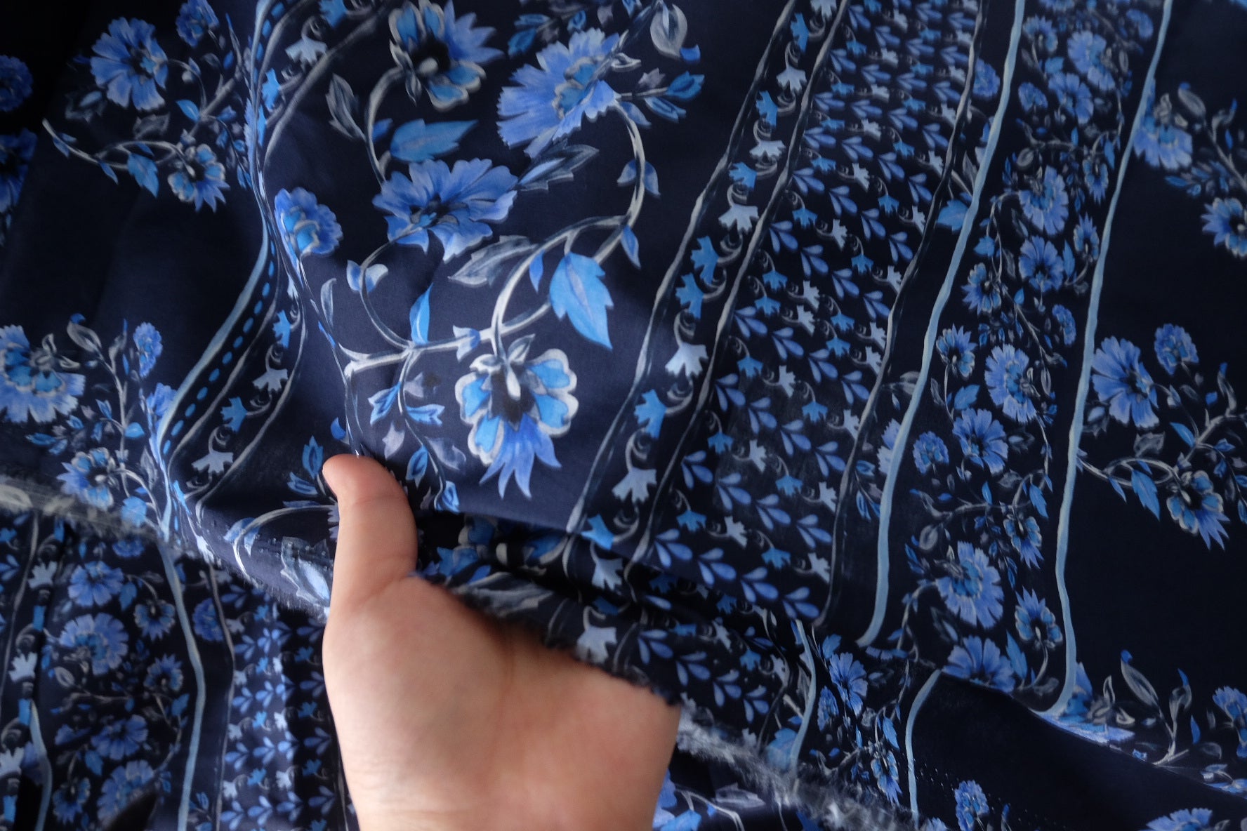 Navy Blue Floral Border Cotton Fabric – 3.3 yd