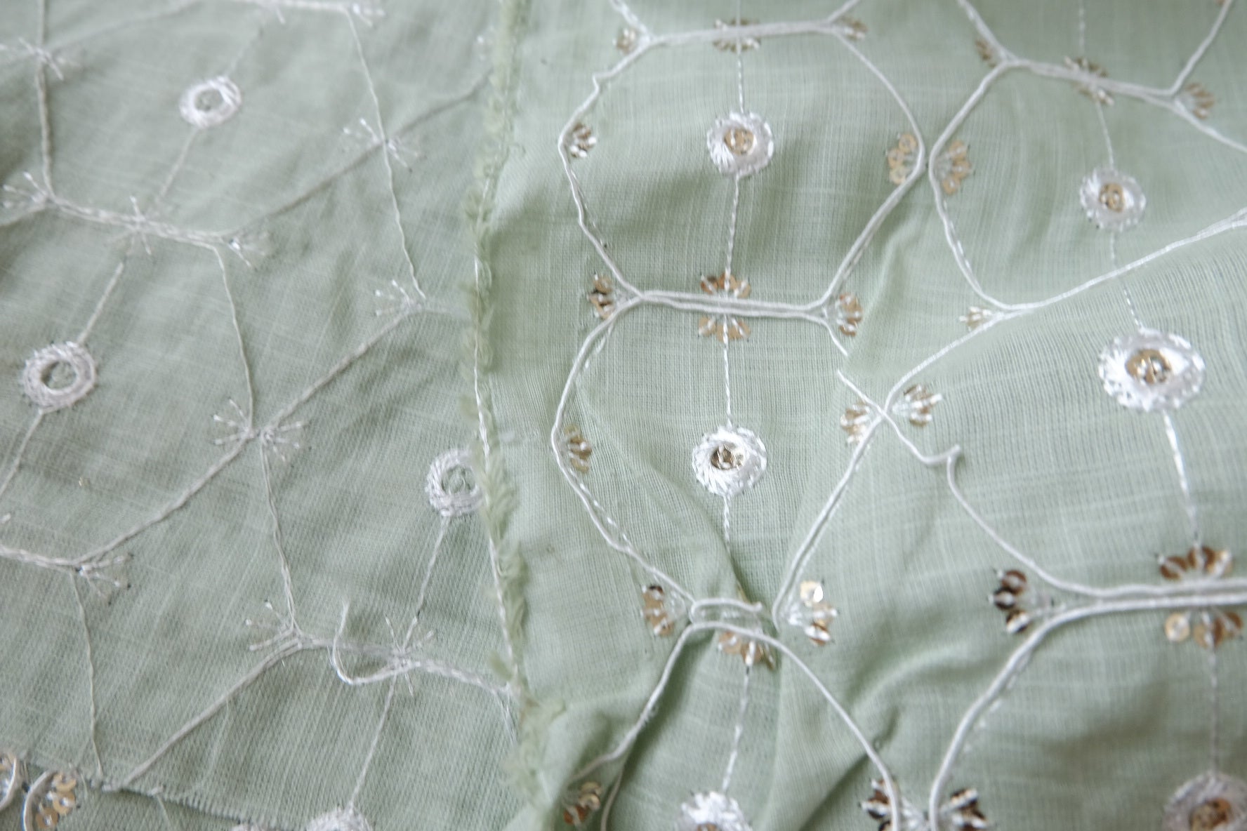 Sage Embroidered Linen Cotton with Sequin Detail, 2.19 Yards