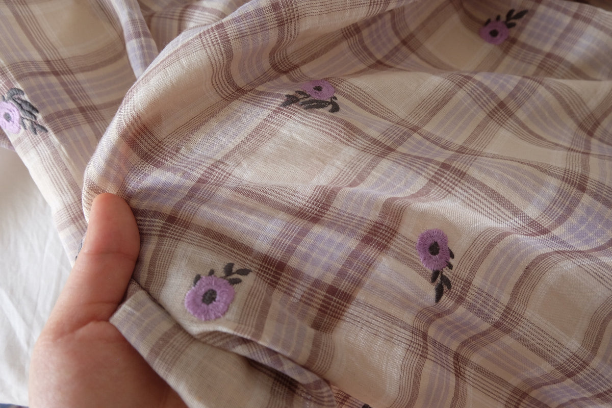 Lavender Flowers on Vintage Plaid – Embroidered Cotton – 1.4 yd
