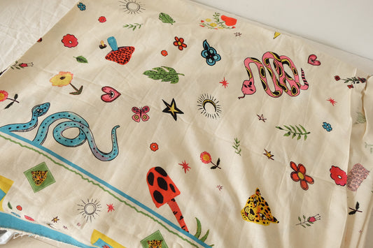 Whimsical Border Print Linen Cotton Fabric - 1.6 yd