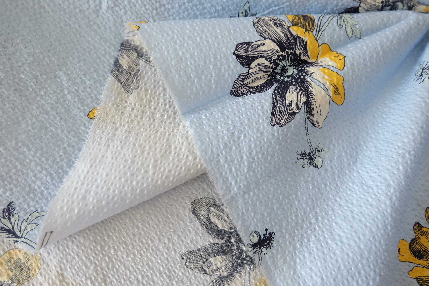Textured Blue Floral Salt-Shrink Cotton Fabric - 3.3 yd