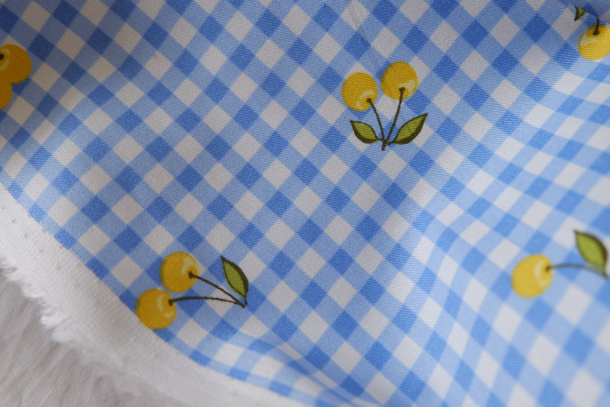 Little Golden Cherries Blue Gingham Cotton Poplin – 2.7 yd