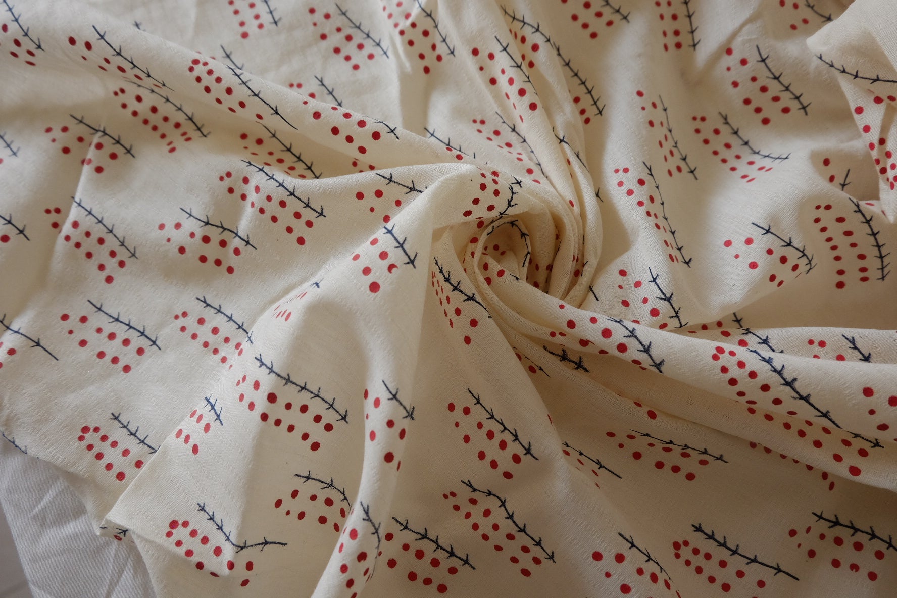 Red Berry Sprigs Lightweight Cotton Linen Fabric — Imperfect, 3.28 Yards