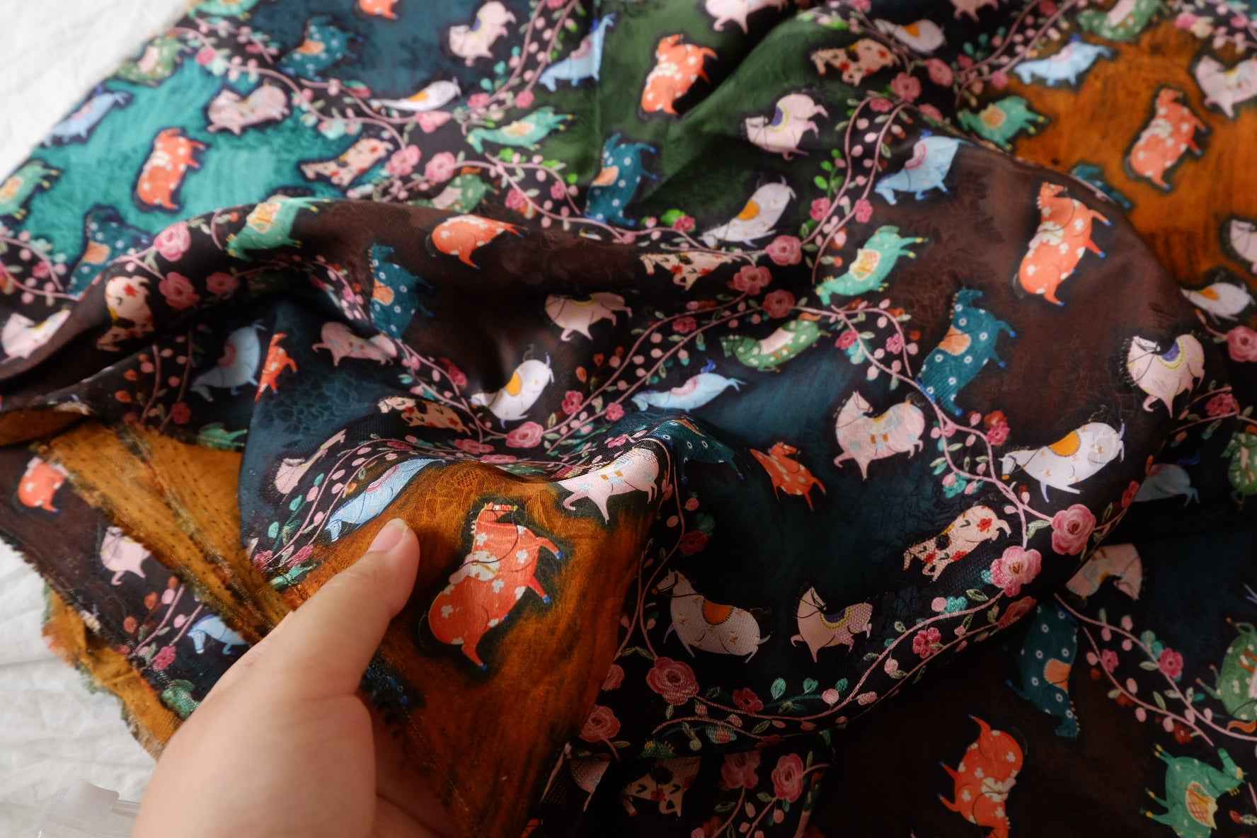 Jacquard Rayon Xiangyun-Style Horse Print Fabric - 1.64 yd