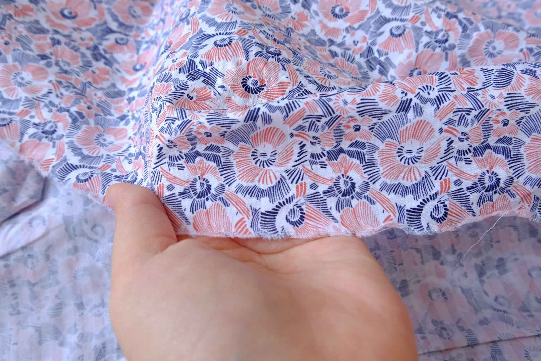 Cotton Poplin Floral Fabric, Pink and Blue Abstract Bloom Print, 2.19 Yards