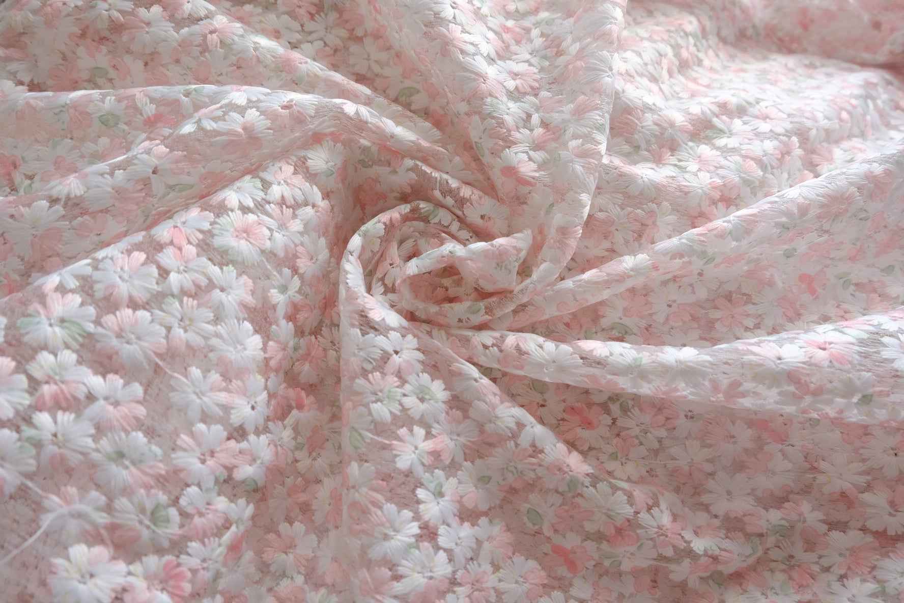 Pink Daisy Embroidered Tulle Fabric - 1.42 yd / 2.84 yd