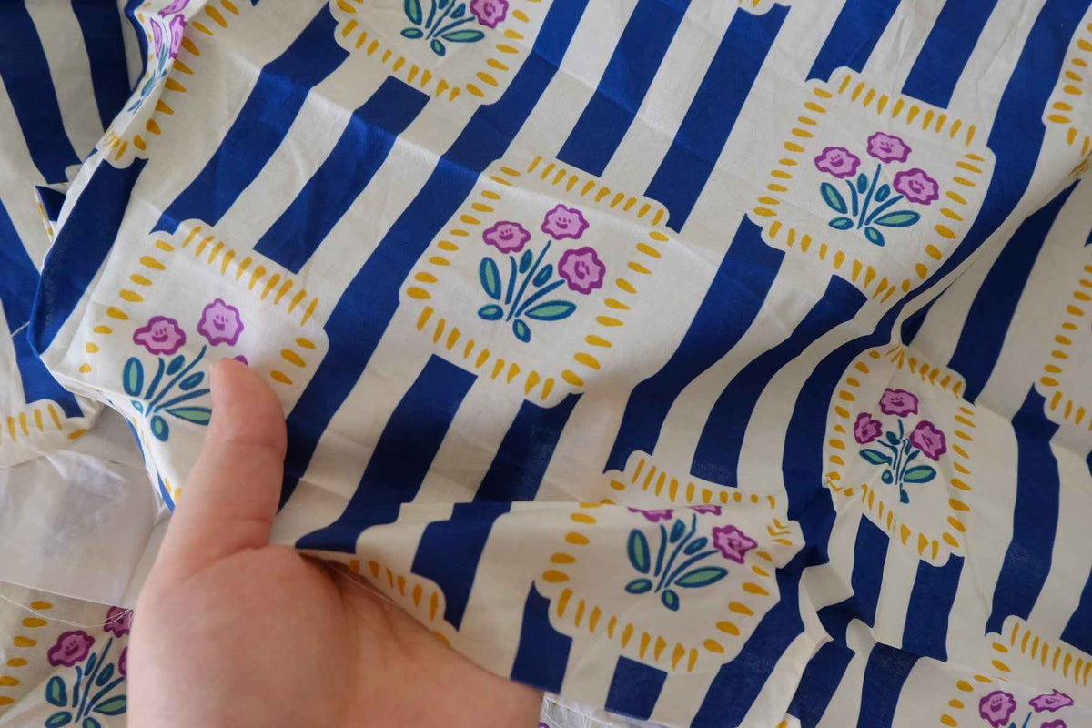 Cobalt Blue Stripes & Folk Flowers Cotton Poplin Fabric – 2.5 yd