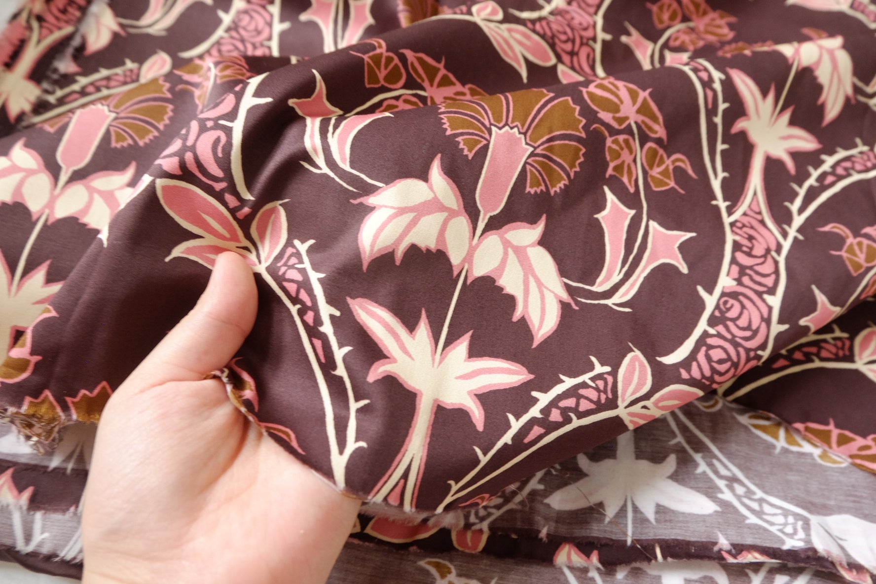 Brown Pink Floral Stretch Cotton Sateen Fabric - 1.64 yd