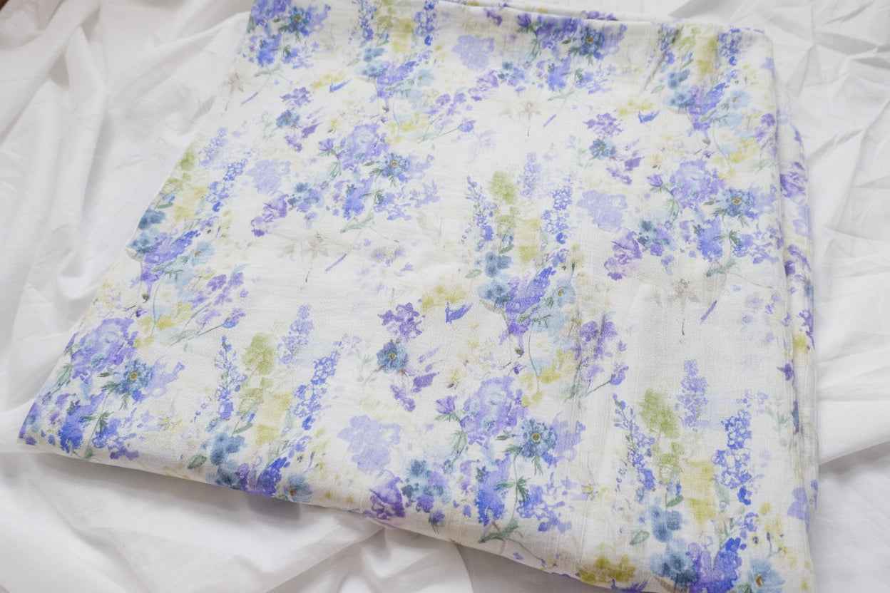 Watercolor Blue Floral Tencel Cotton Fabric, Soft Textured Summer Dress Weight, 3.28 Yards