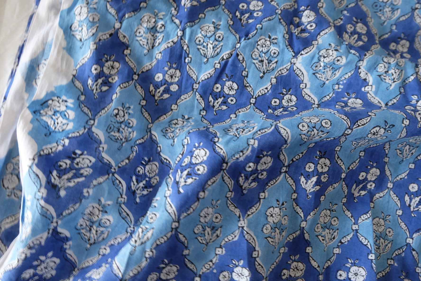 Indian Hand Block Printed Cotton Fabric – Blue Floral Tile Pattern – Sold by the Meter