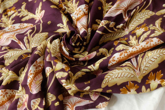 Whimsical Mushroom Botanical Dress Fabric with Gold Woven Detail, Soft Drapey Dress Weight, 3.28 Yards