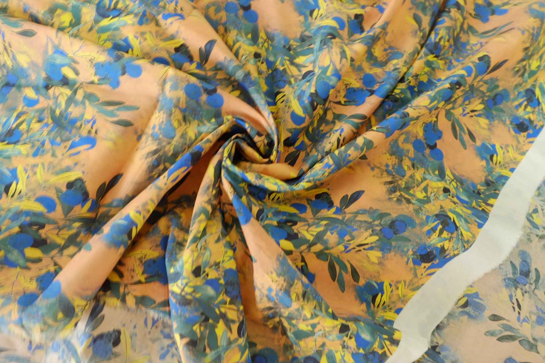 Painterly Blue Floral Cotton Poplin Fabric – 1.6 yd