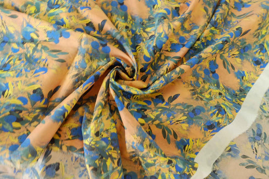 Painterly Blue Floral Cotton Poplin Fabric – 1.6 yd