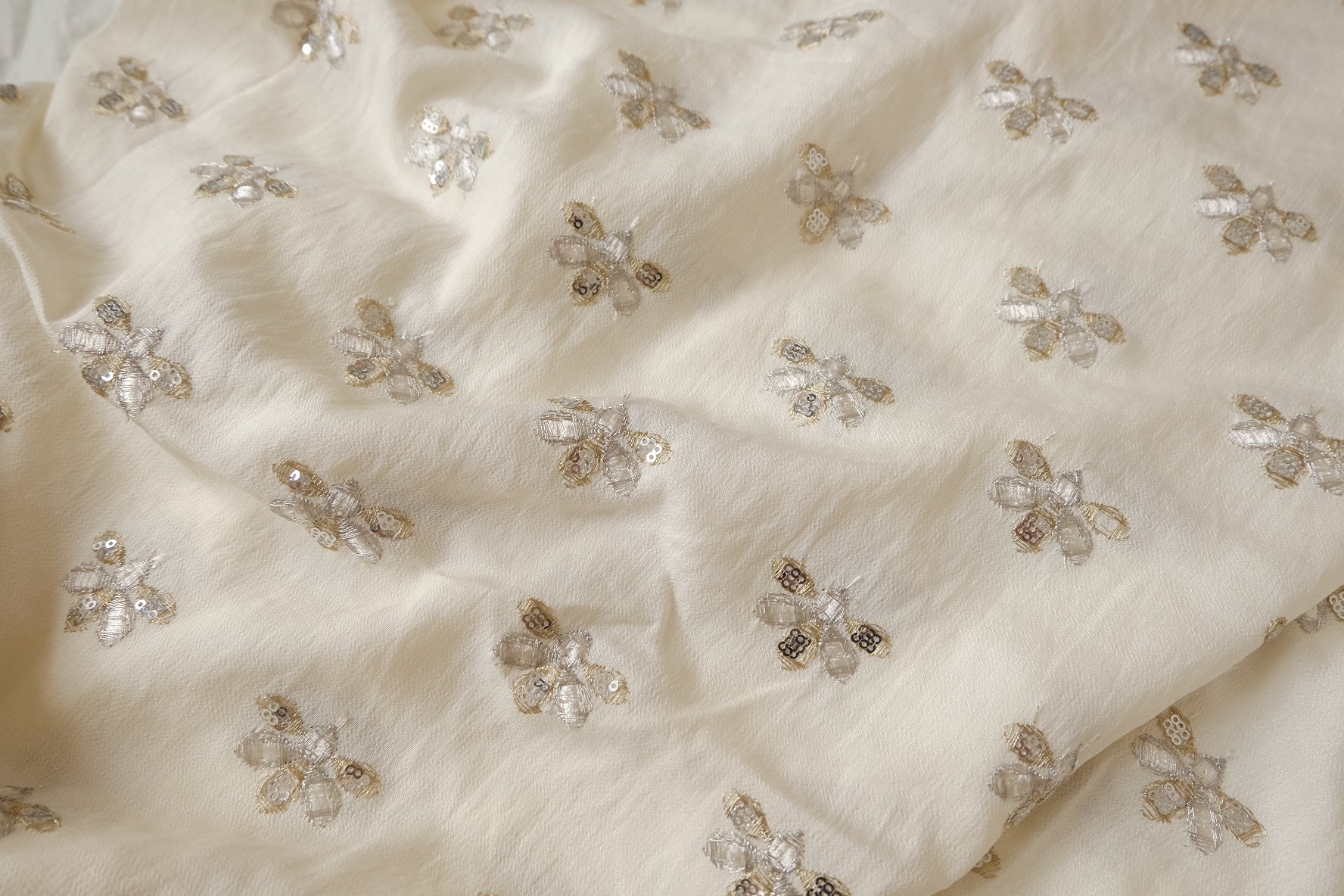Bee Sequin Embroidered Tencel Linen Fabric – Soft Statement Dress Fabric (2.19 yards)