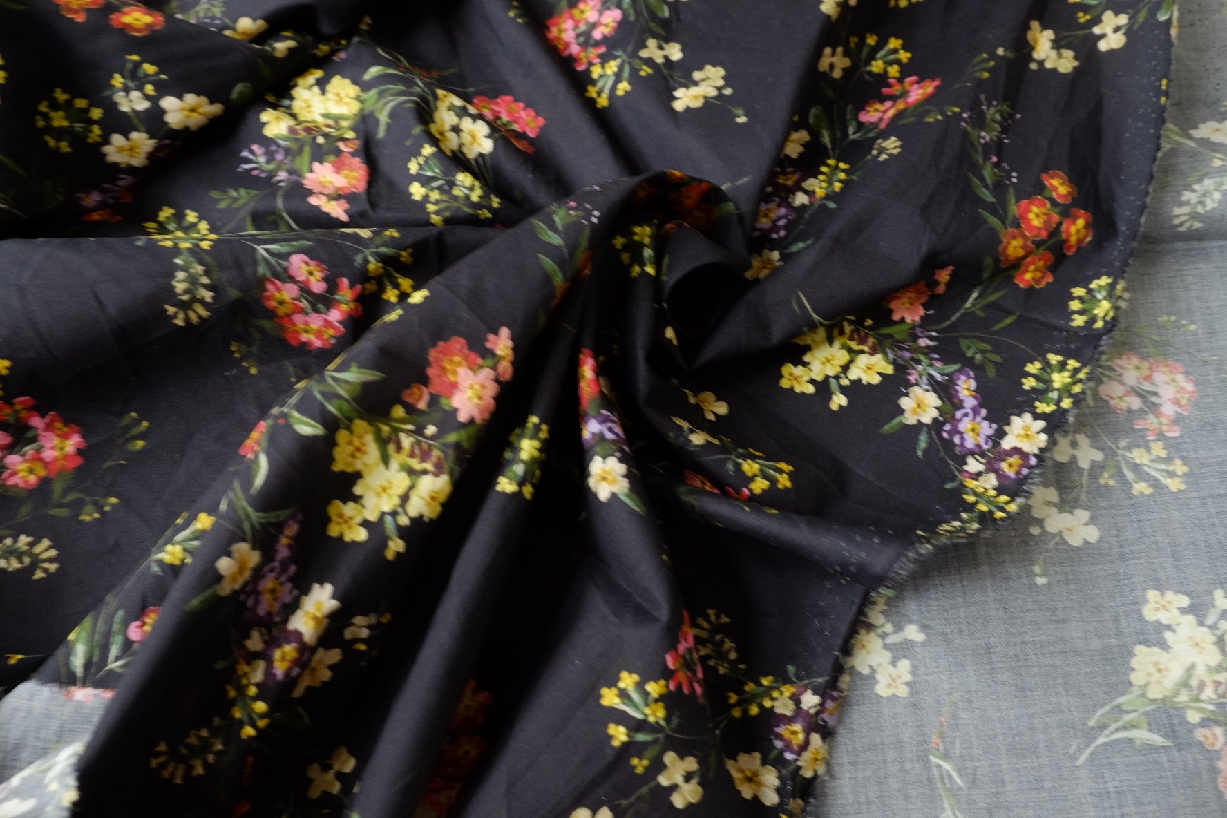 Dark Vintage Floral Cotton Poplin Fabric, Lightweight 60s Cotton, 2.3 Yards