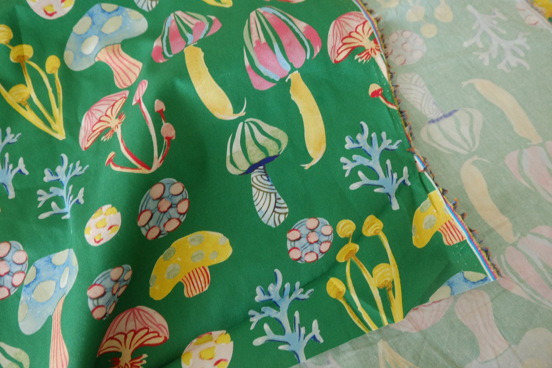 Woodland Mushroom Green Cotton Lawn Fabric, 1.64 Yards