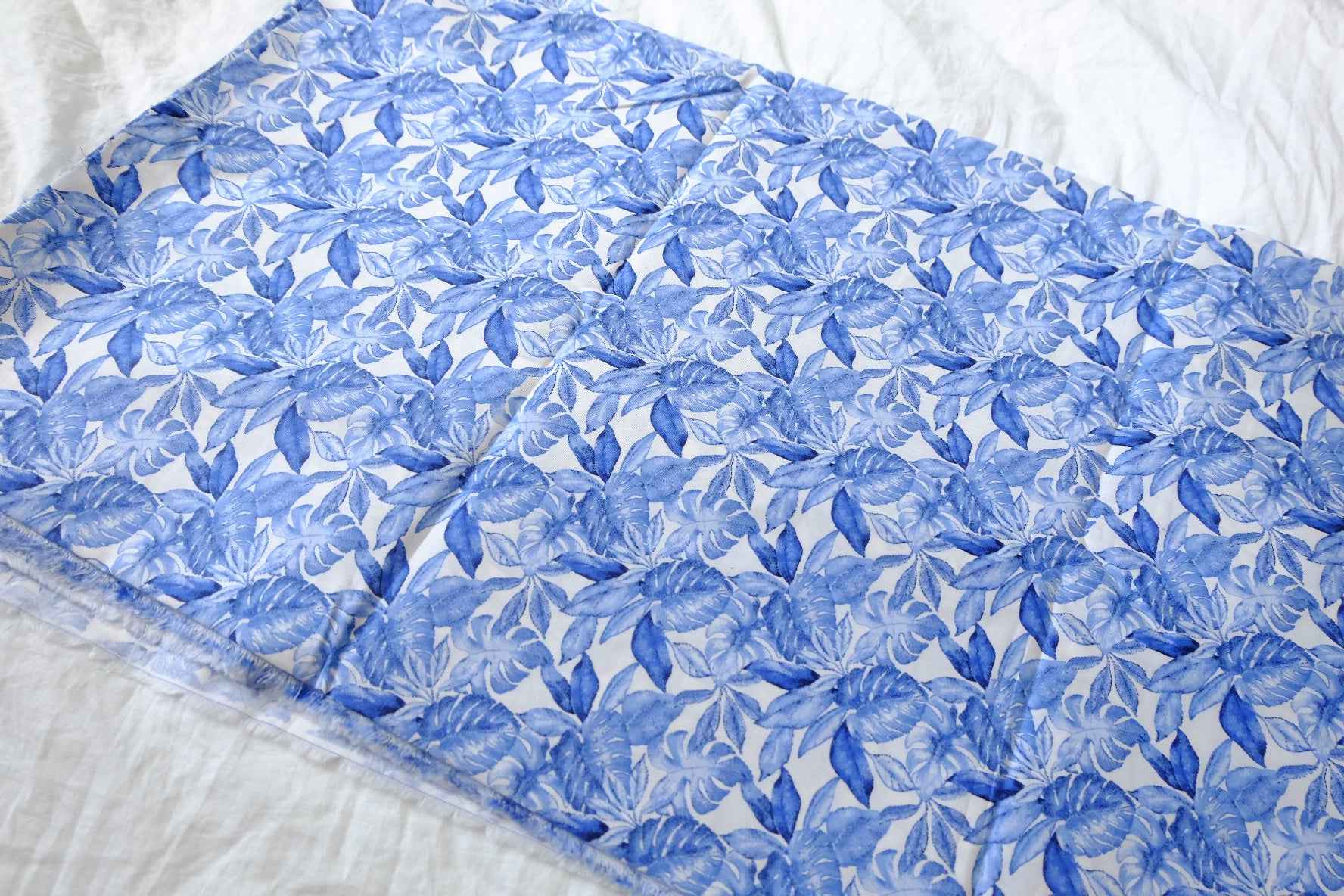 Blue Tropical Leaf Stretch Cotton Fabric — 2.52 yd