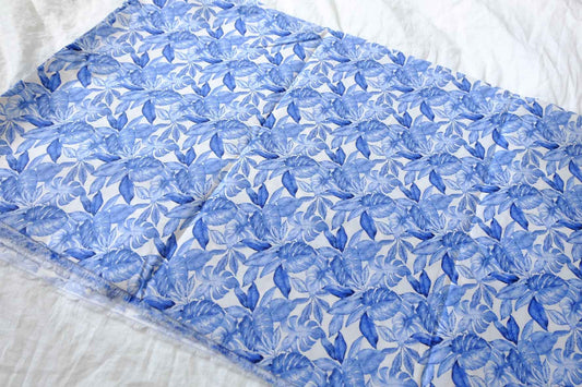 Blue Tropical Leaf Stretch Cotton Fabric — 2.52 yd