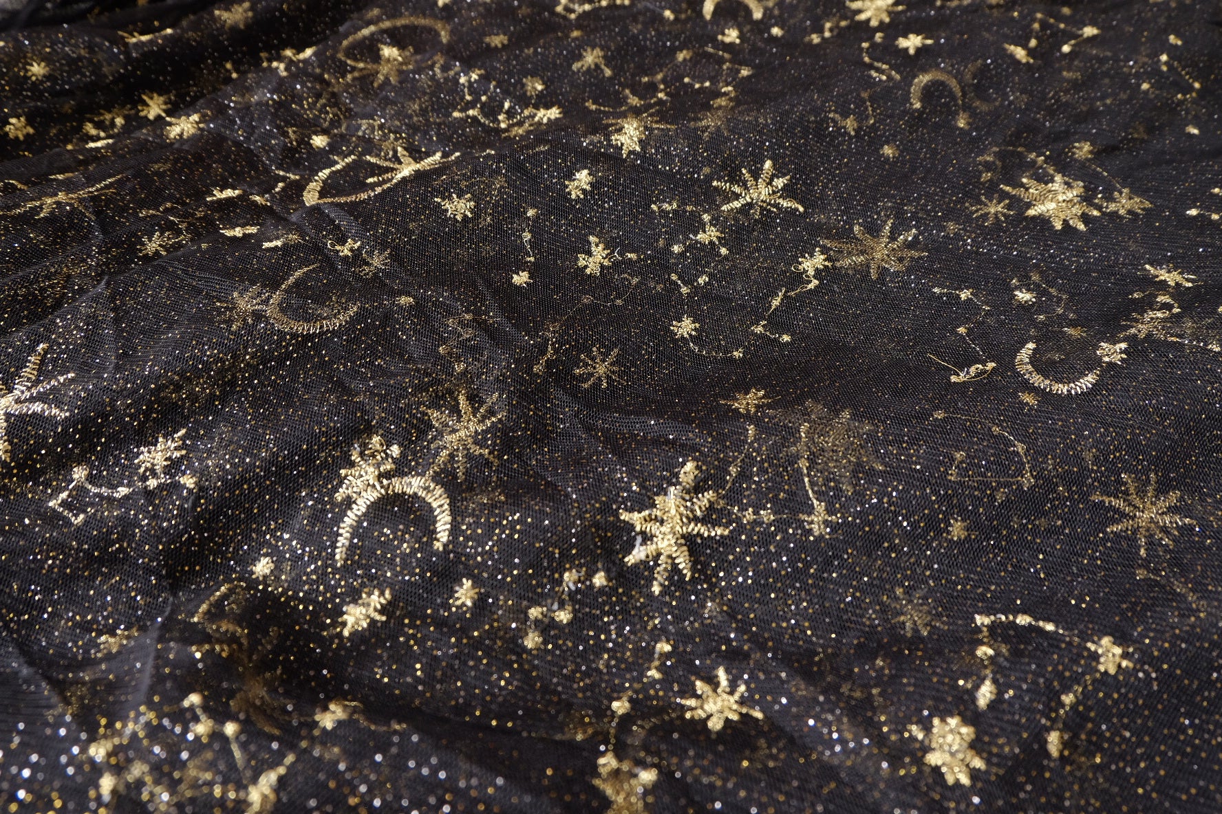 Black Celestial Glitter Lace Tulle Fabric - 4.37 yd