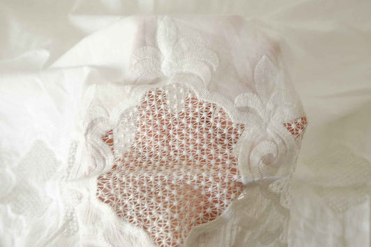 White Double-Border Floral Eyelet Embroidered Cotton Fabric – 1.86 yd Piece