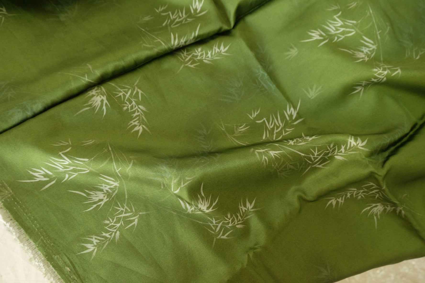 Silky Rayon Fabric – Moss Green Bamboo Leaf Print-2.2 yards