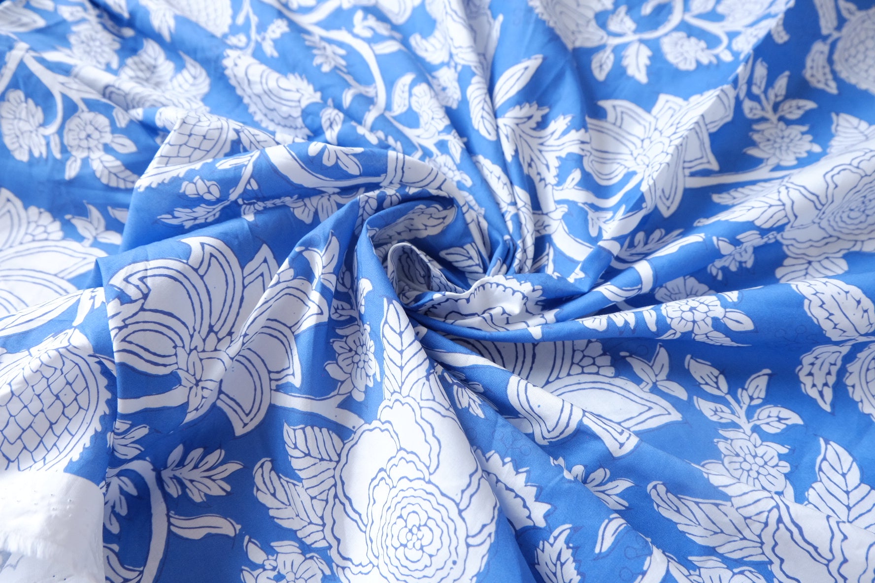Blue Block-Print Style Cotton Poplin Fabric - 3.12 yd