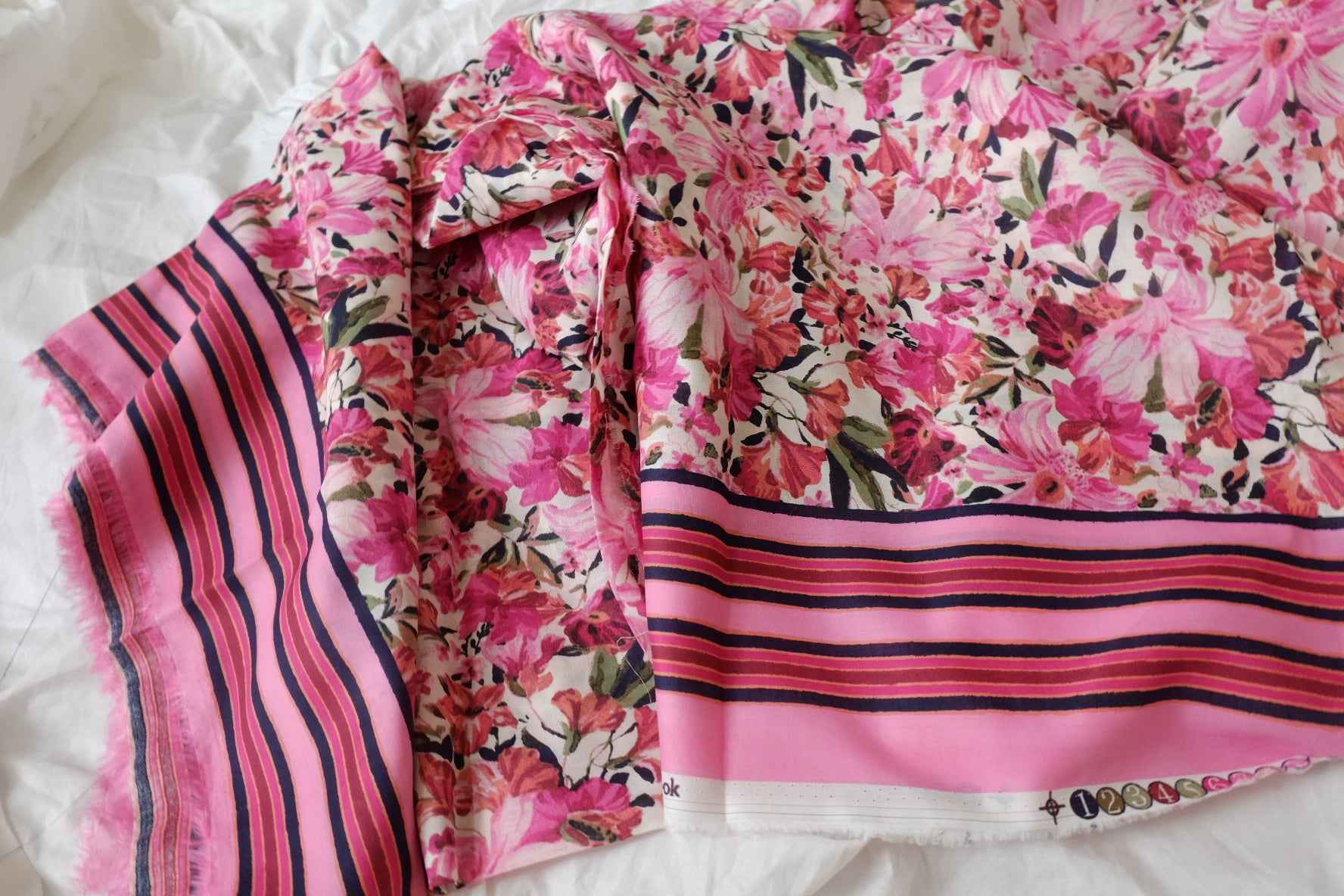 Border Floral Cotton Fabric, Double Border Dress Fabric in Pink, 3.28 Yards