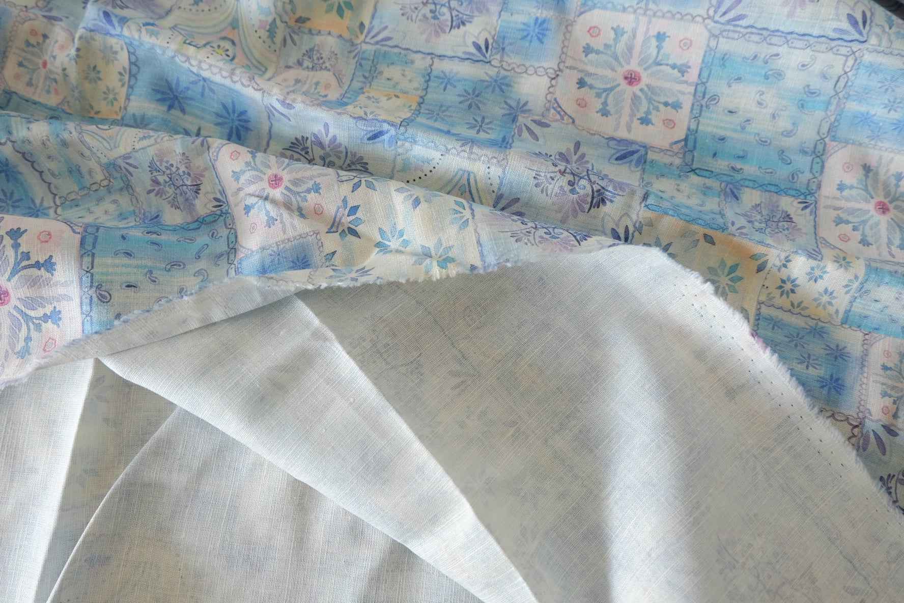 Blue Mosaic Patchwork Lyocell Linen Fabric, 1.64 Yards