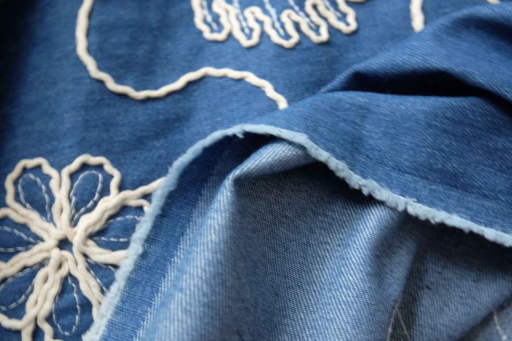 Blue Embroidered Cotton Denim Fabric for Vests, Jackets and Skirts, 2.19 Yards