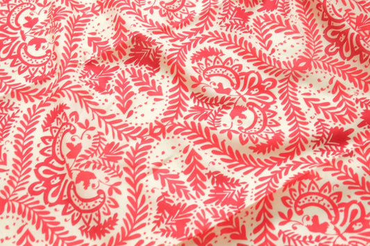 Coral Red Folk Print Cotton Poplin Fabric, Lightweight Dress and Blouse Weight, 2.19 Yards