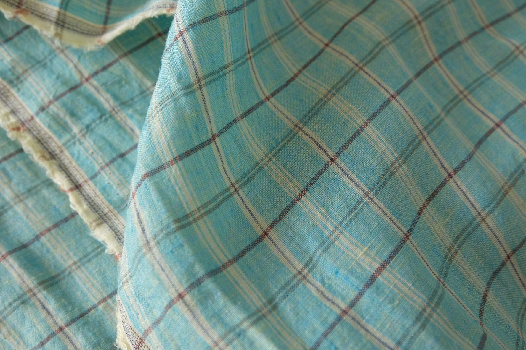Aqua Blue Yarn-Dyed Plaid Pure Linen Fabric – 1.6 yd