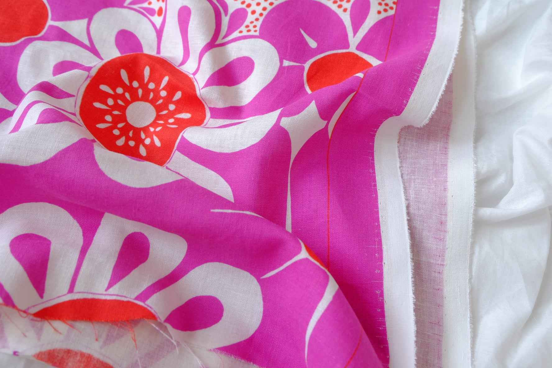 Farm Rio Deadstock Placement Floral Cotton Linen Fabric, Pink and Orange Border Print, 1.64 Yards