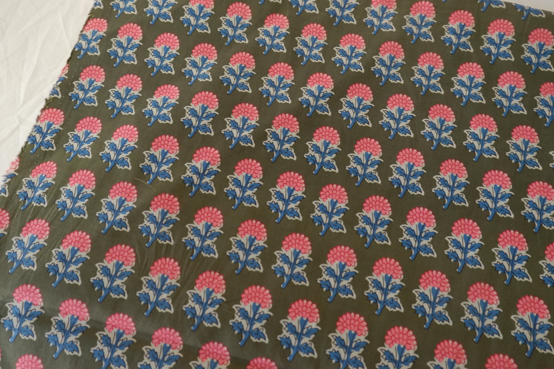 Olive Block Floral Cotton Poplin Fabric – 2.2 yd