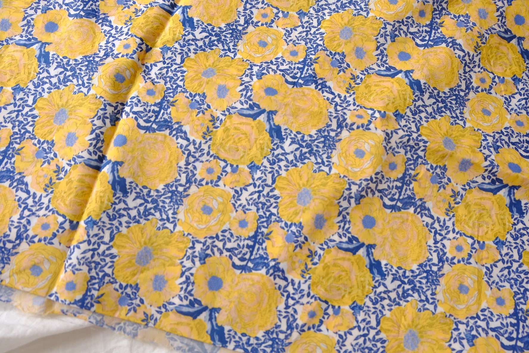 Yellow Blue Rose Garden Cotton Lawn Fabric - 2.95 yd