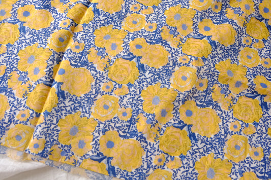 Yellow Blue Rose Garden Cotton Lawn Fabric - 2.95 yd