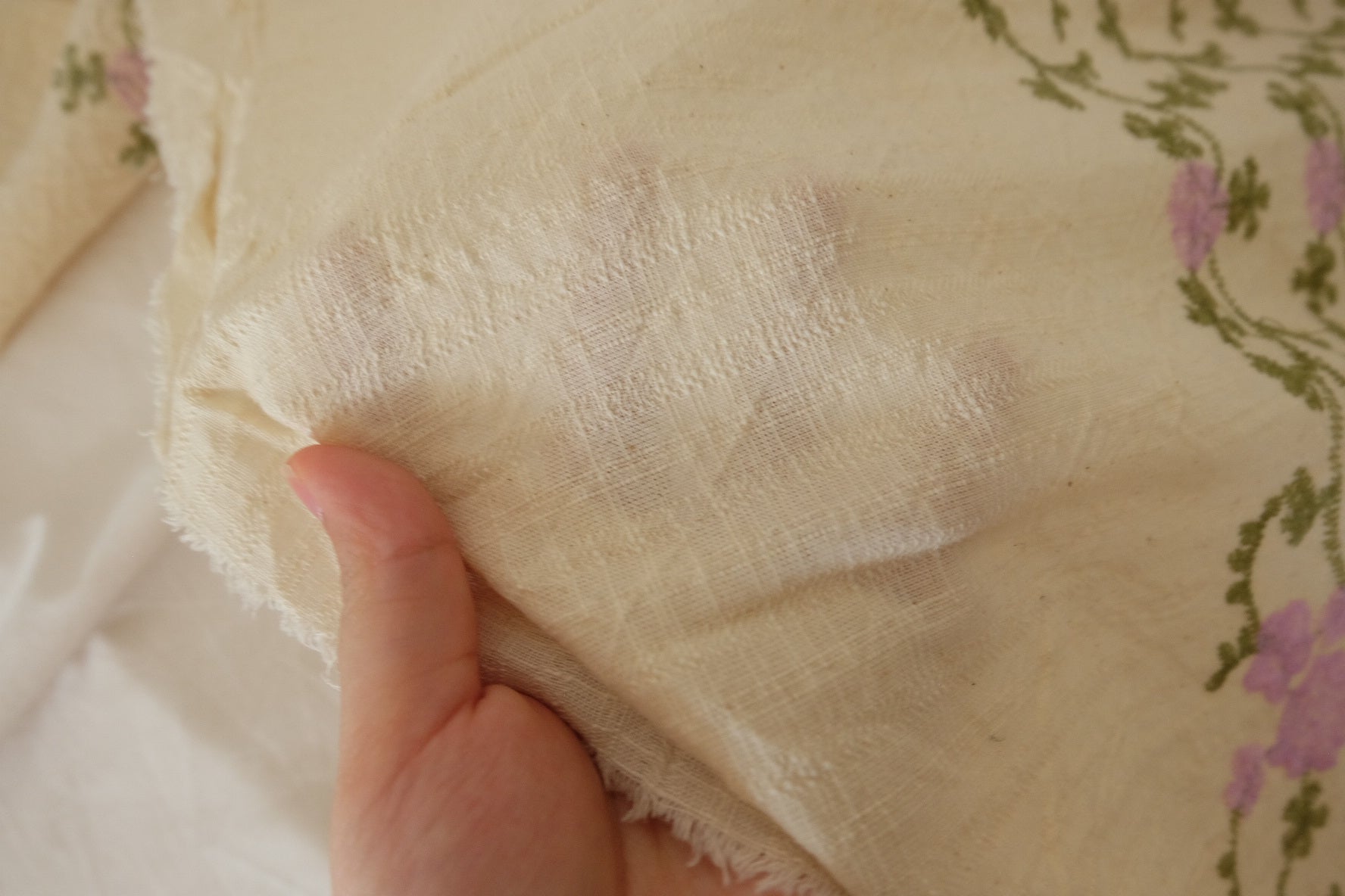 Lavender Floral Embroidered Linen Fabric – Textured Pure Linen – 1.2 yd